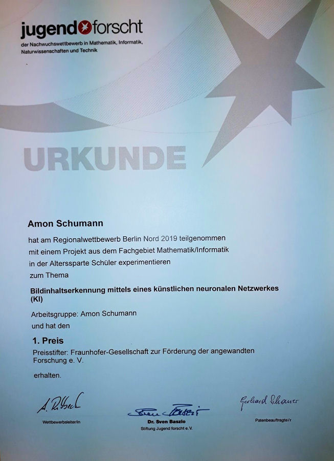 Jugend forscht Urkunde Amon