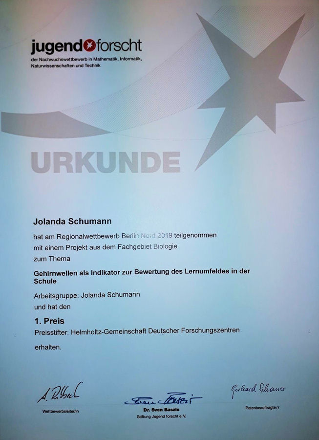 Jugend forscht Urkunde Jolanda