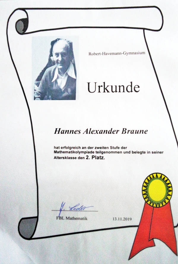 Mathematikolympiade 2019 Urkunde